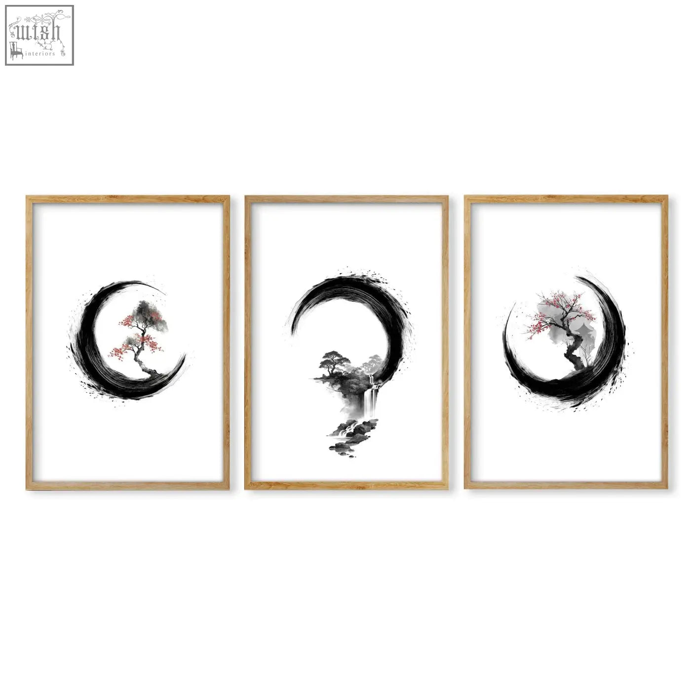 Set of three minimalist japanese wall art framed in light wood featuring ink brush landscapes with zen enso circles