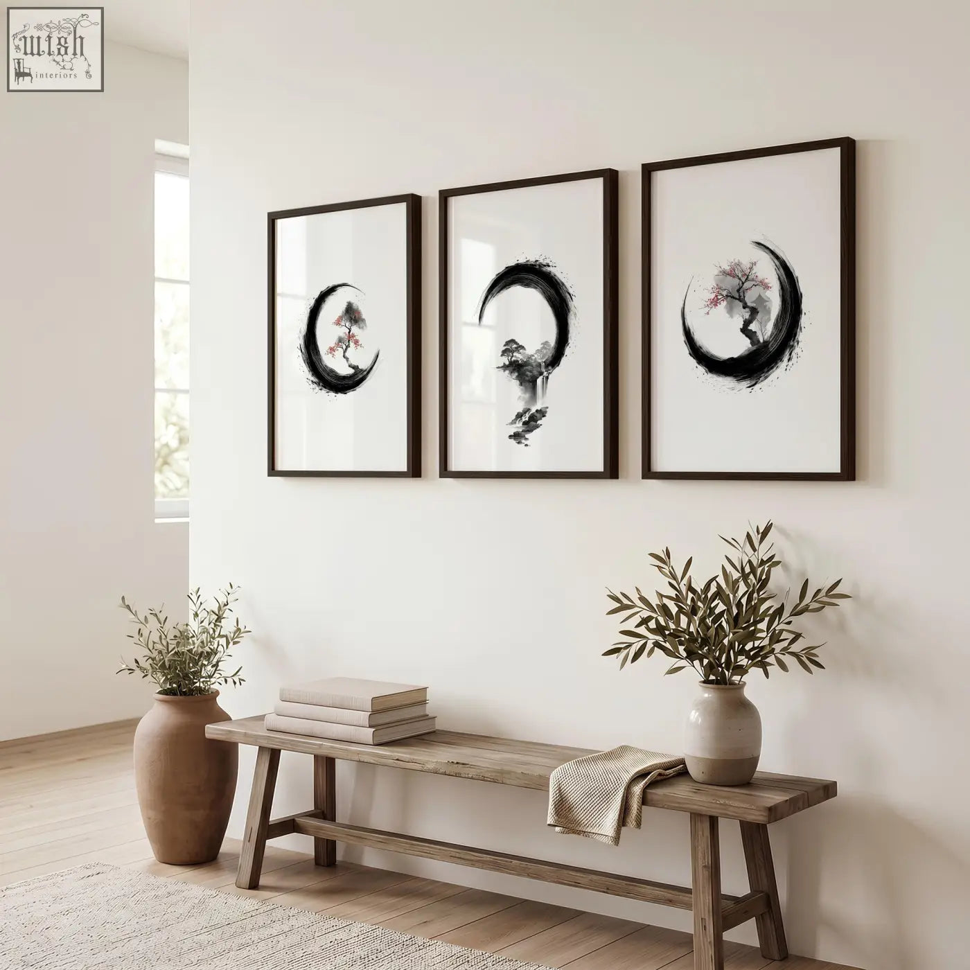 Three framed black and white japanese wall art ink wash prints of crescent moons with trees in a minimalist setting