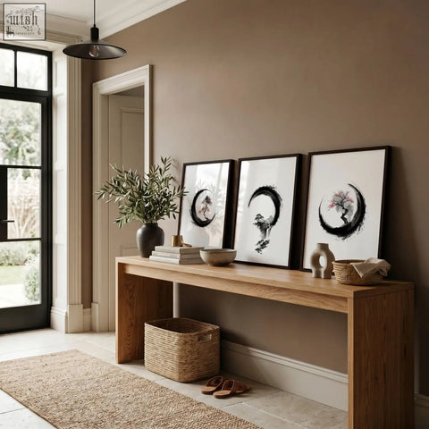 Three framed black and white japanese wall art ink brush enso circles with floral and bird motifs above wooden console