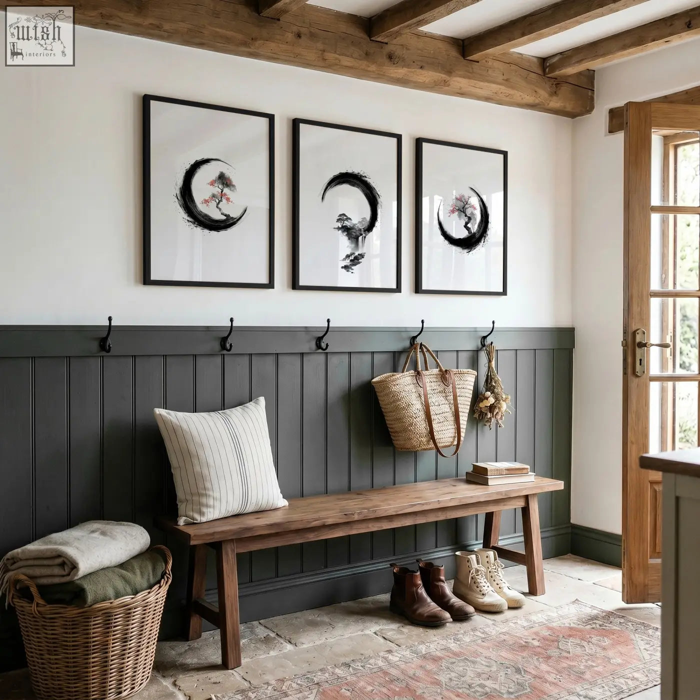 Dark gray wooden bench with striped pillow and woven baskets near japanese wall art canvas set with zen enso circle design