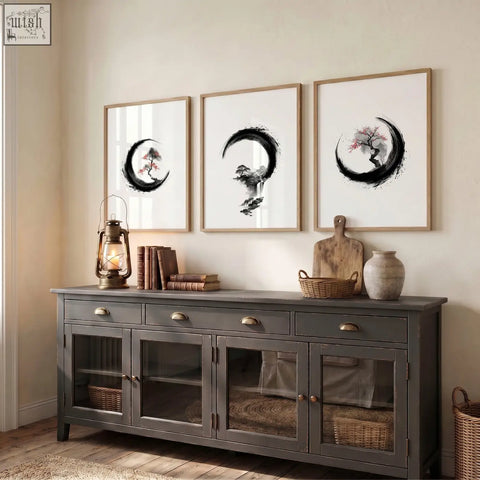 Dark gray wooden sideboard with glass-paneled doors and brass handles below japanese wall art canvas set zen enso circle