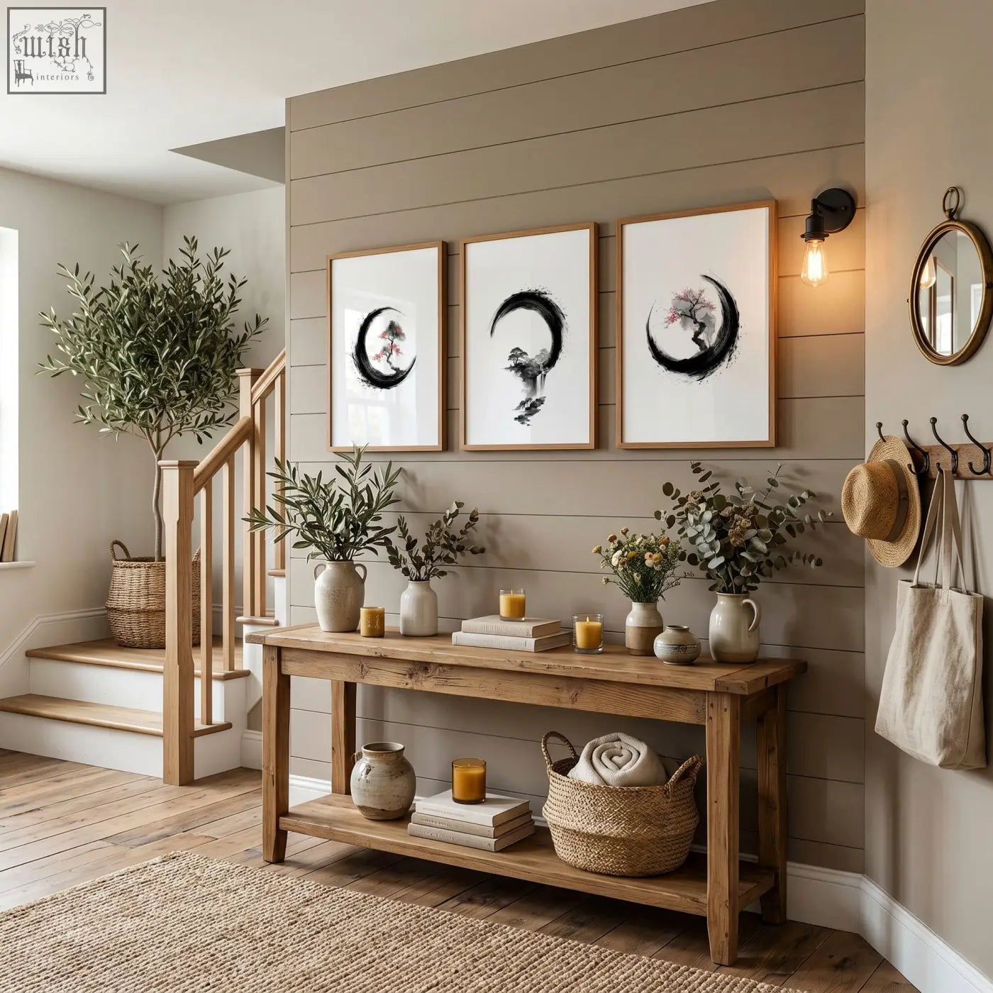 Rustic wooden console table with two shelves holding vases candles and basket below japanese wall art canvas set of 3