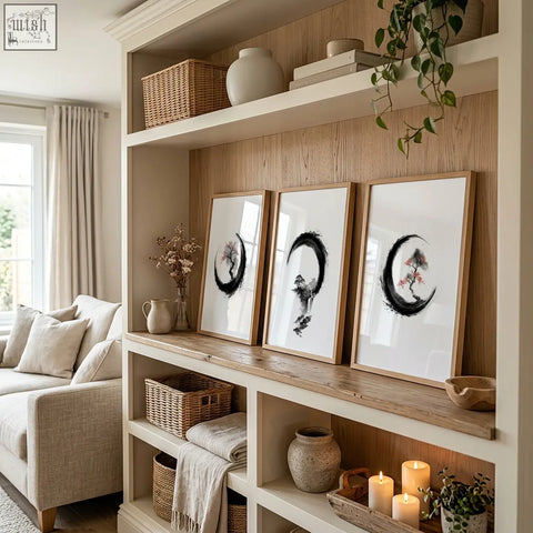 Three framed minimalist japanese wall art ink brushstroke artworks with black enso circles and floral designs in wood frames