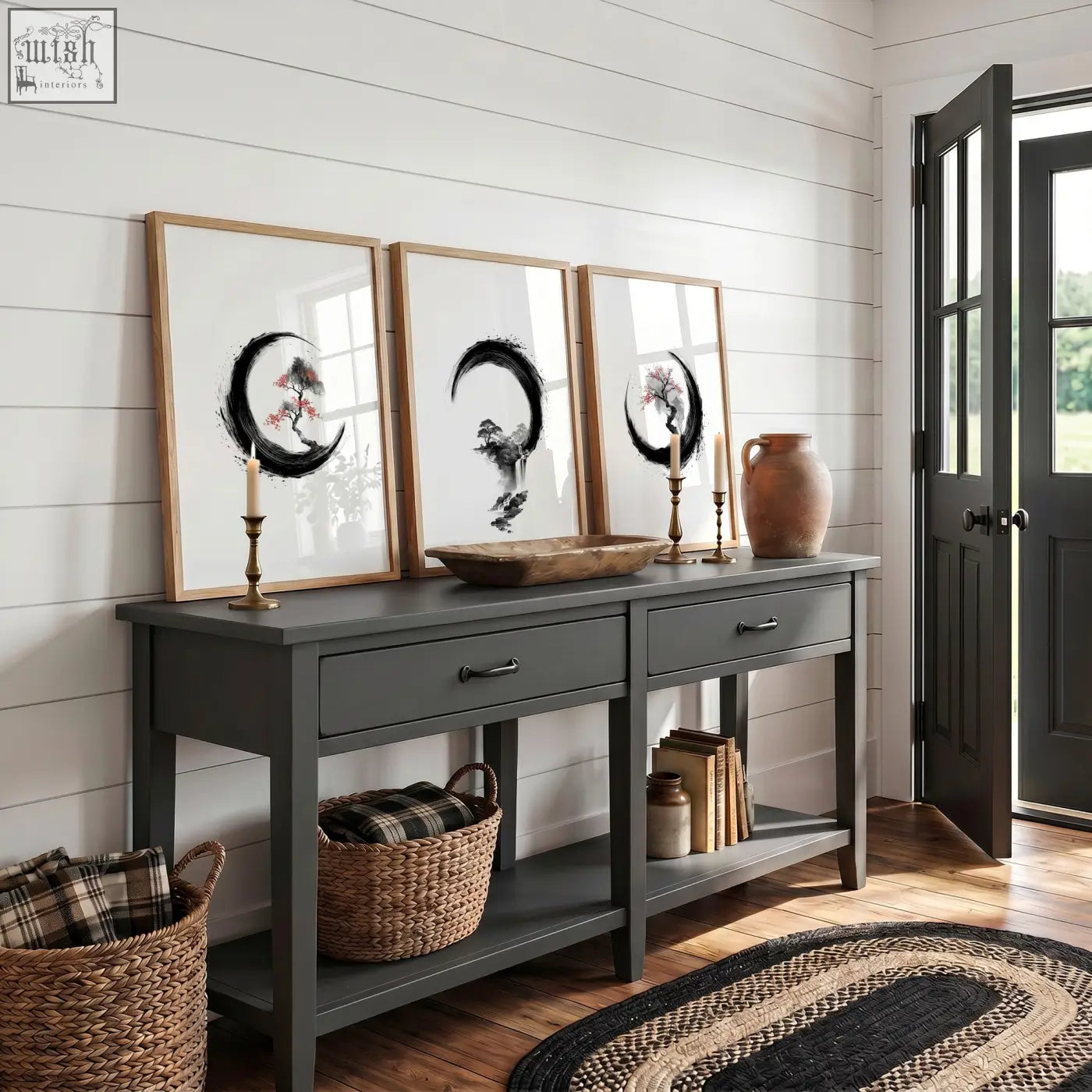 Dark gray console table with two drawers and rustic wooden top shown beneath japanese wall art canvas set zen enso circle