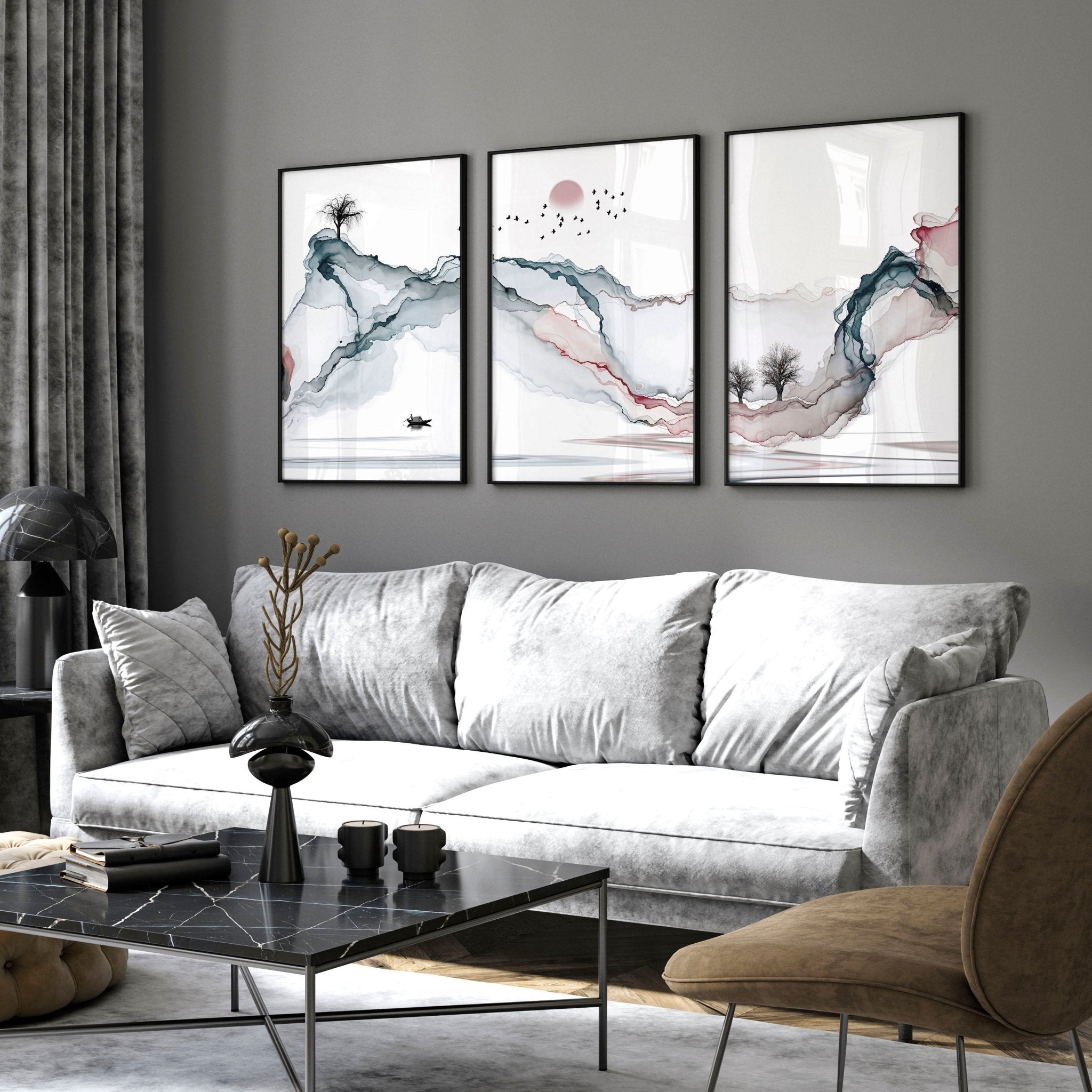 Landscape art sunset | set of 3 framed wall art