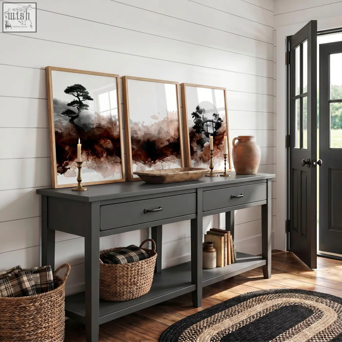 Gray wooden console table with two drawers and open shelving featuring rustic design and black metal handles below japanese wall art set