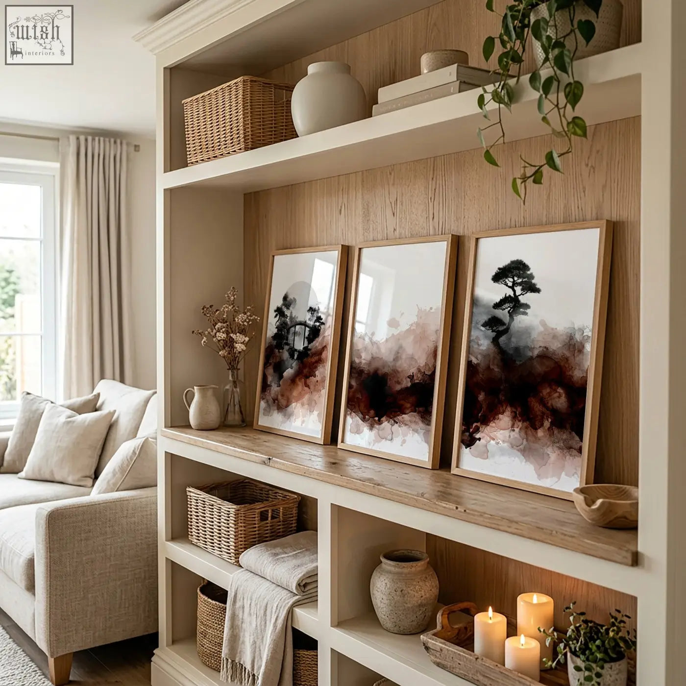 Three framed japanese wall art prints featuring abstract tree silhouettes in browns and blacks on a wooden shelf