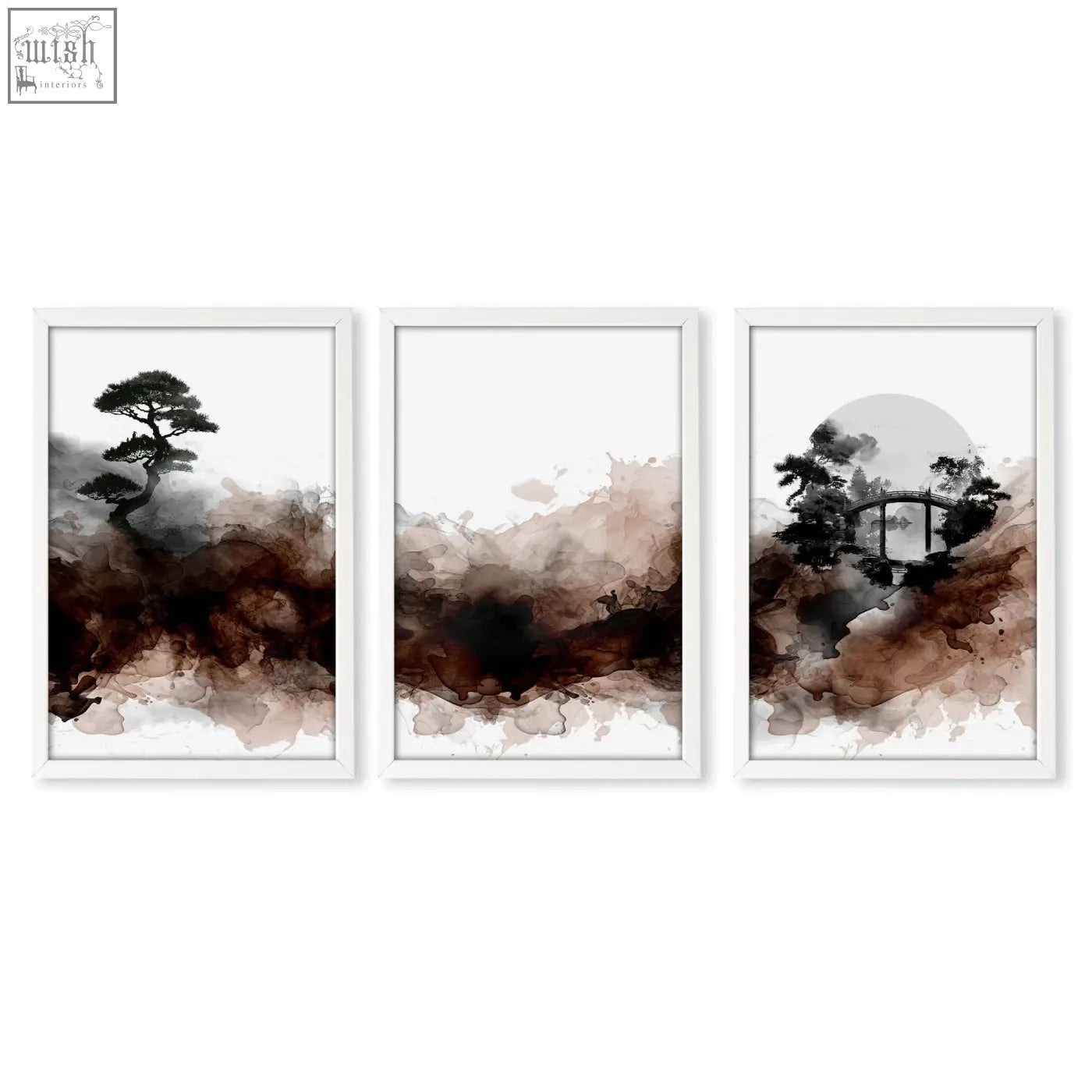 Set of three japanese wall art prints featuring minimalist trees misty mountains and a bridge in earthy tones