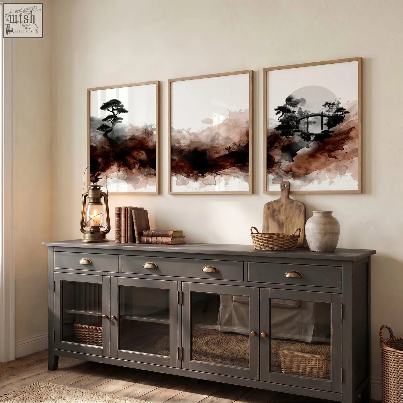 Dark gray wooden sideboard with glass paneled doors and brass handles perfect for displaying japanese wall art sets