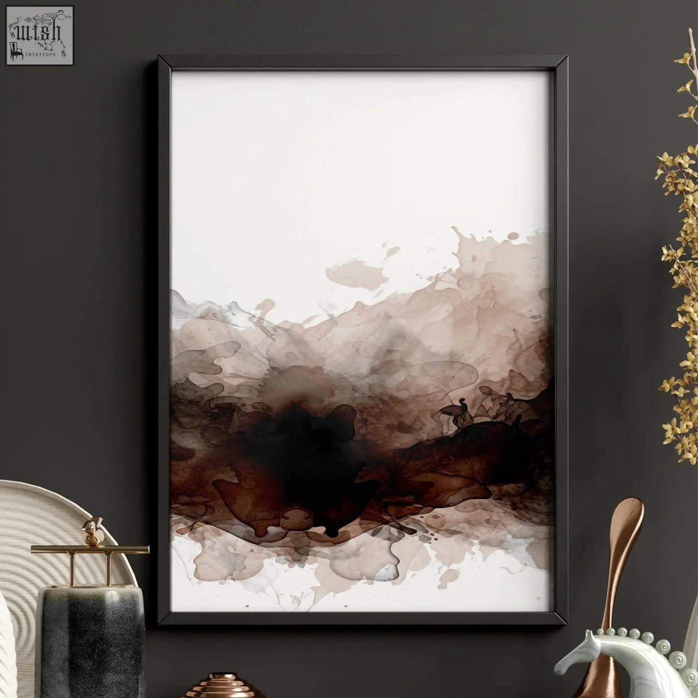 A framed japanese wall art featuring abstract brown and black inkblots in a sleek black frame for japandi decor