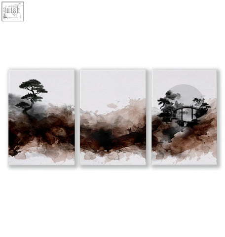 Set of three minimalist japanese wall art canvases with ink-stained trees and misty hills in earthy tones