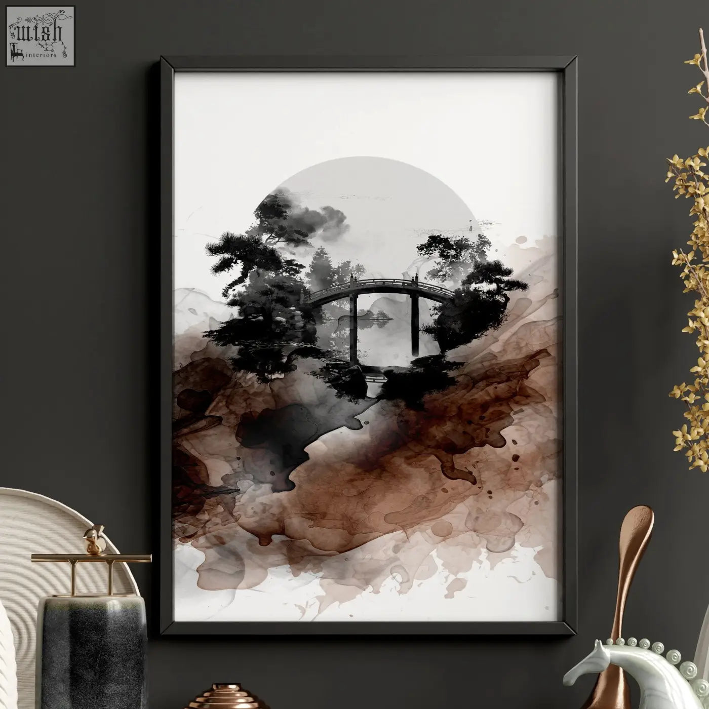 Black-framed japanese wall art watercolor print showing a misty landscape with arched bridge and earthy brown tones