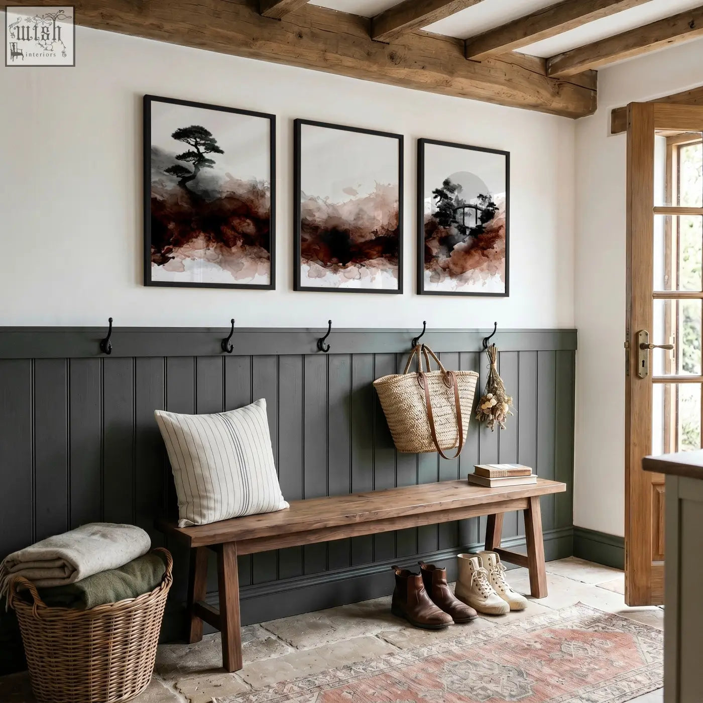 Rustic wooden bench with striped pillow and woven basket beside japanese wall art set featuring bonsai bridge and moon prints