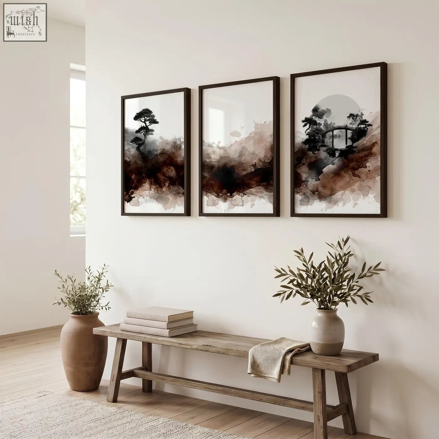 Three framed japanese wall art prints with dark tree silhouettes on misty earth tone backgrounds in uk style