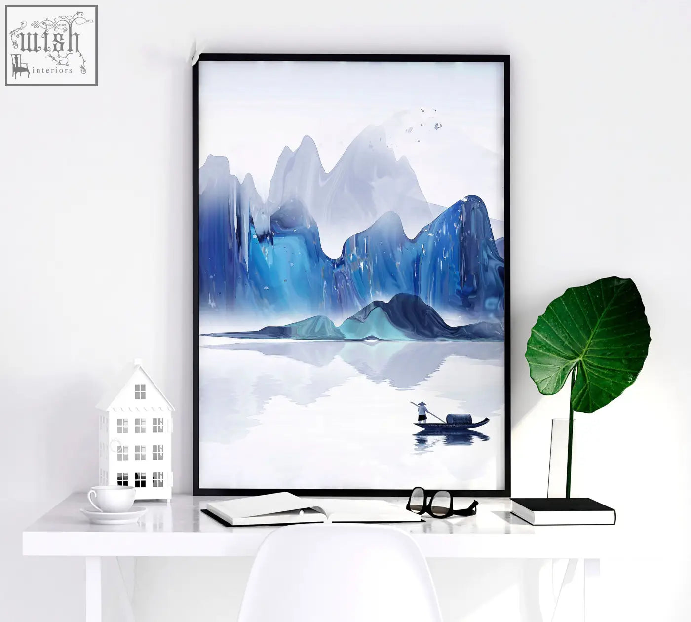 A framed set of 3 japanese wall art prints featuring blue and teal abstract mountain landscape with calm water reflection