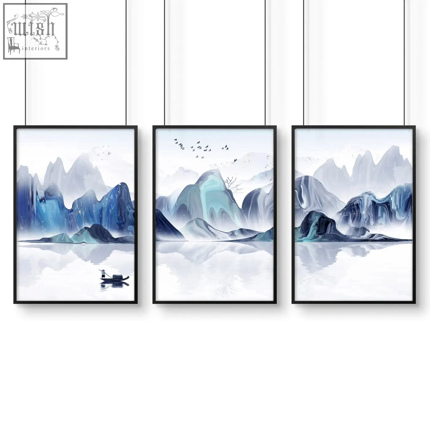 Set of 3 japanese wall art prints featuring minimalist mountain landscapes in misty blues with boats and birds for bedroom decor