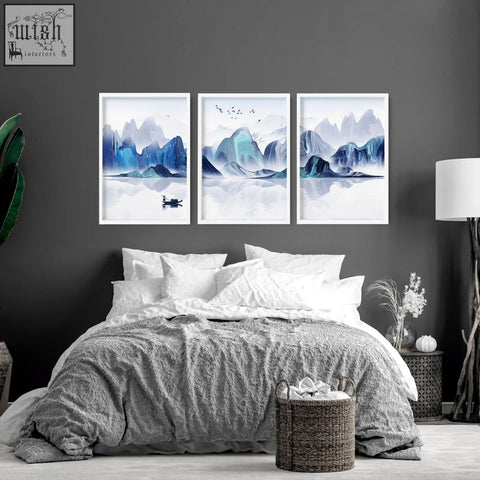 Set of 3 japanese wall art prints featuring blue and white abstract mountain landscapes with boats on reflective waters