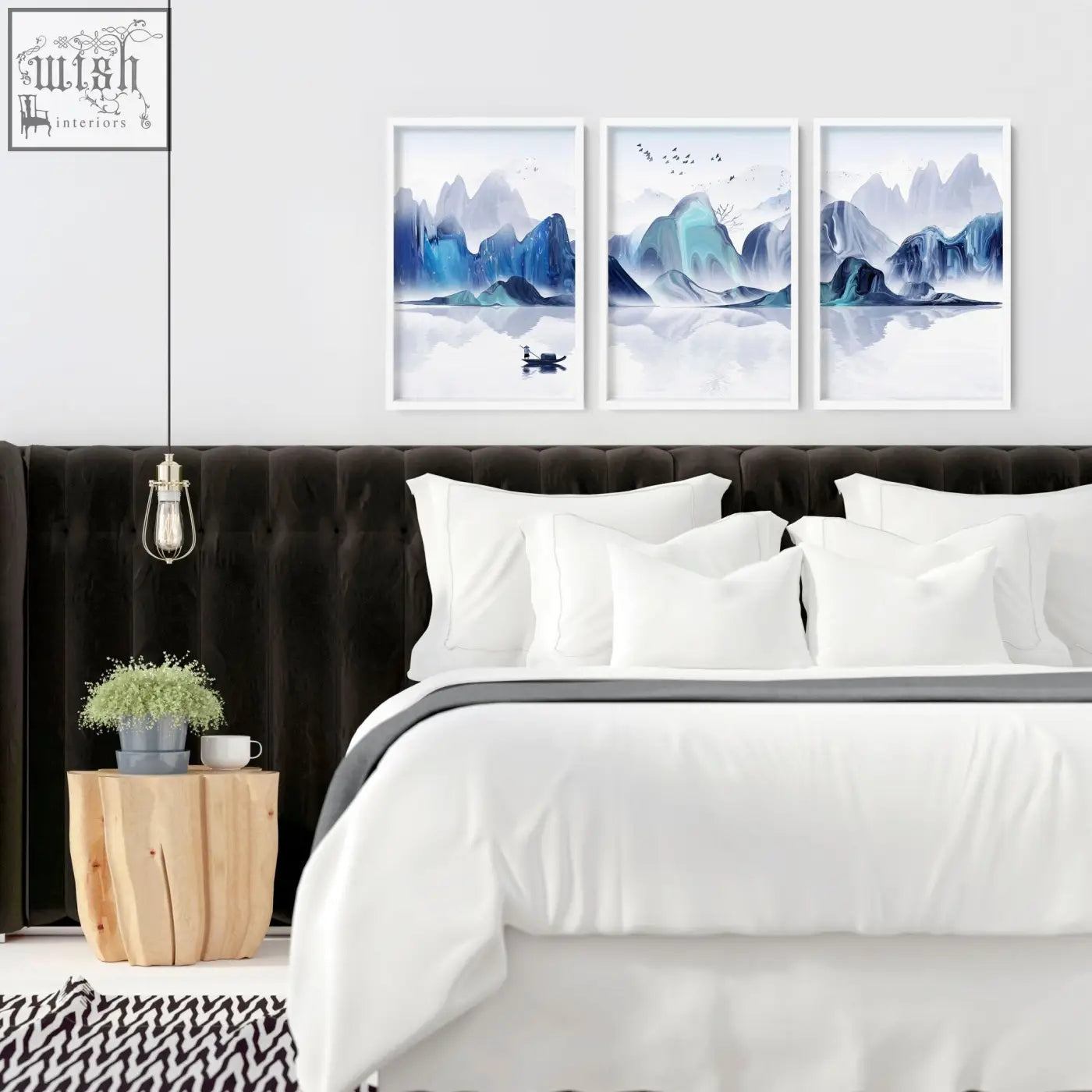 Set of three blue and white mountain landscape wall art prints perfect for japanese bedroom wall decor