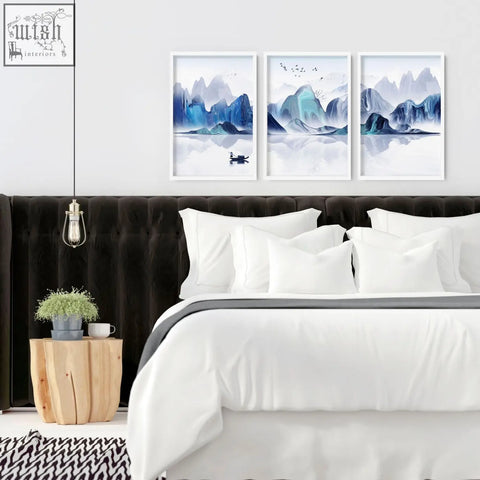 Set of three blue and white mountain landscape wall art prints perfect for japanese bedroom wall decor