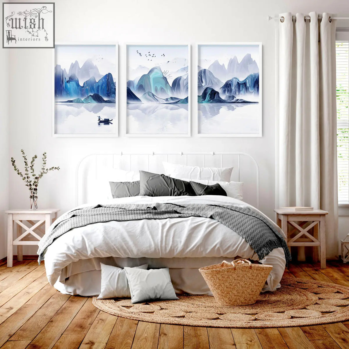 Three framed blue and white mountain landscape wall art prints perfect for japanese wall decor in the bedroom