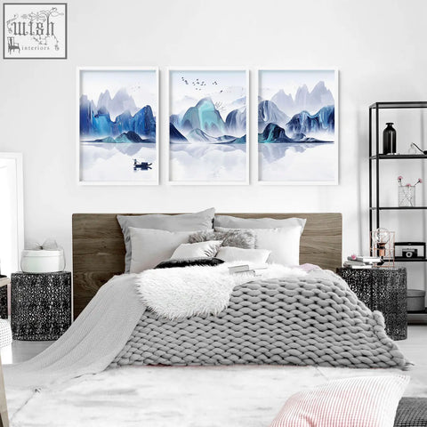 Three framed blue and white mountain landscape wall art prints perfect as japanese wall decor for bedroom walls