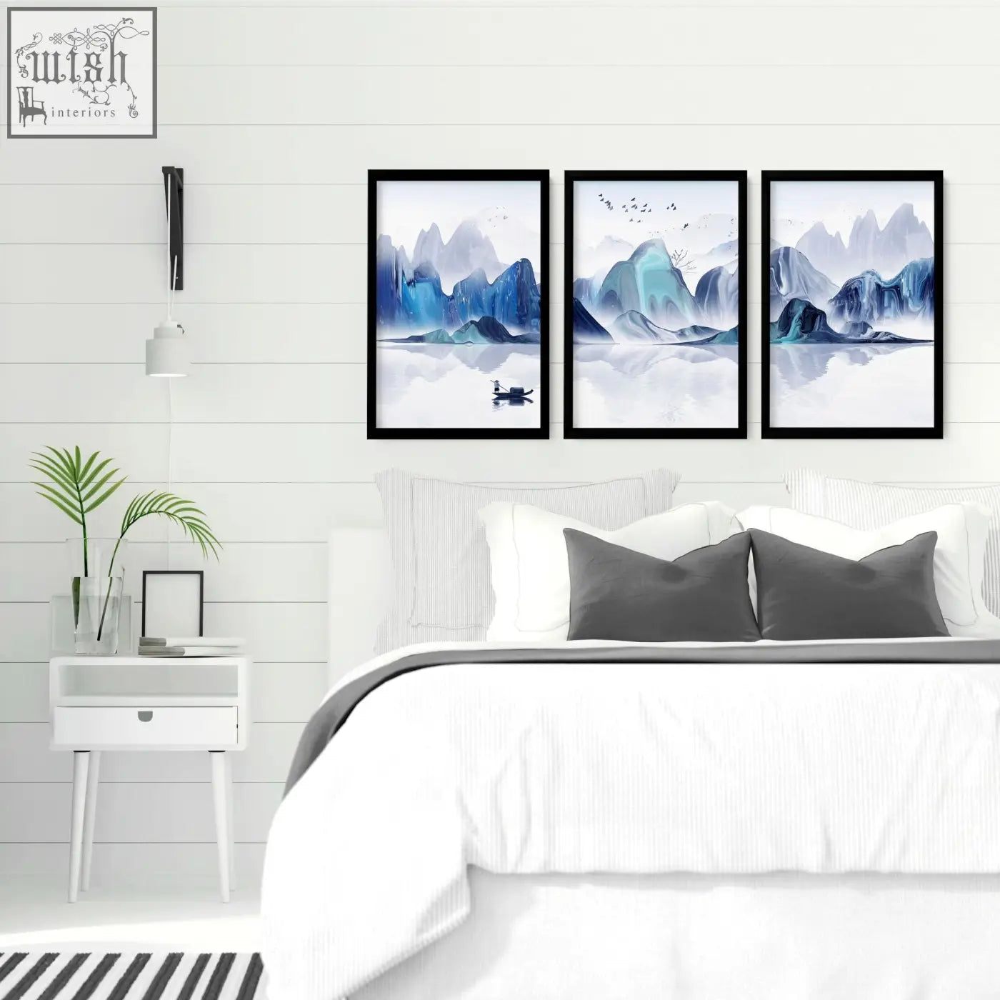 Set of 3 japanese wall art prints featuring blue and white mountain landscapes in black frames for bedroom decor