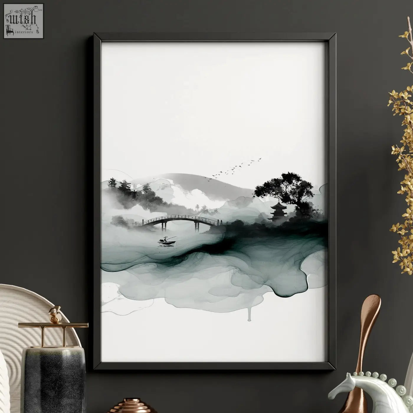 Black-framed minimalist ink wash landscape art print of misty mountains, bridge, and boat for japanese wall hangings