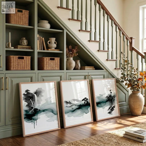 Three japanese wall hangings featuring ink wash landscape with teal watercolor mountains waterfall bridge and pagoda