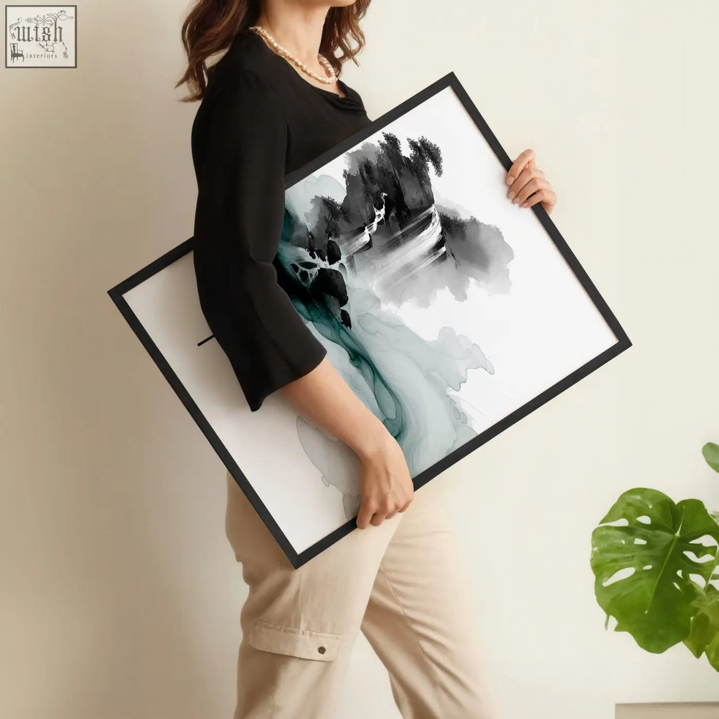 Black-framed japanese wall hangings featuring abstract teal and gray ink wash landscape with waterfall bridge and pagoda