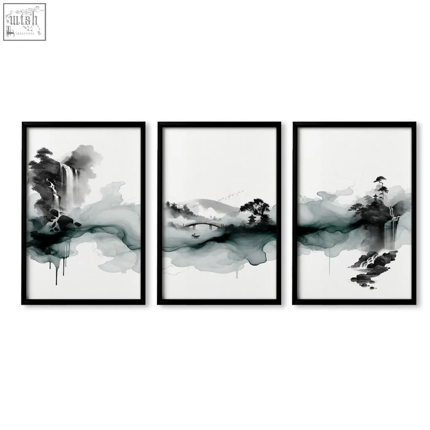 Set of three black-framed japanese wall hangings featuring ink wash landscape art with waterfall bridge and pagoda
