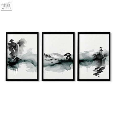 Set of three black-framed japanese wall hangings featuring ink wash landscape art with waterfall bridge and pagoda
