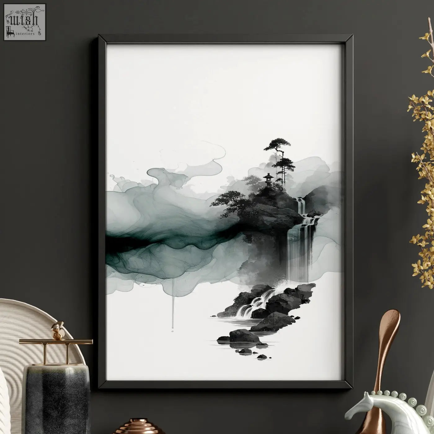 Black-framed japanese wall hangings ink wash landscape print with misty mountains waterfall and solitary tree