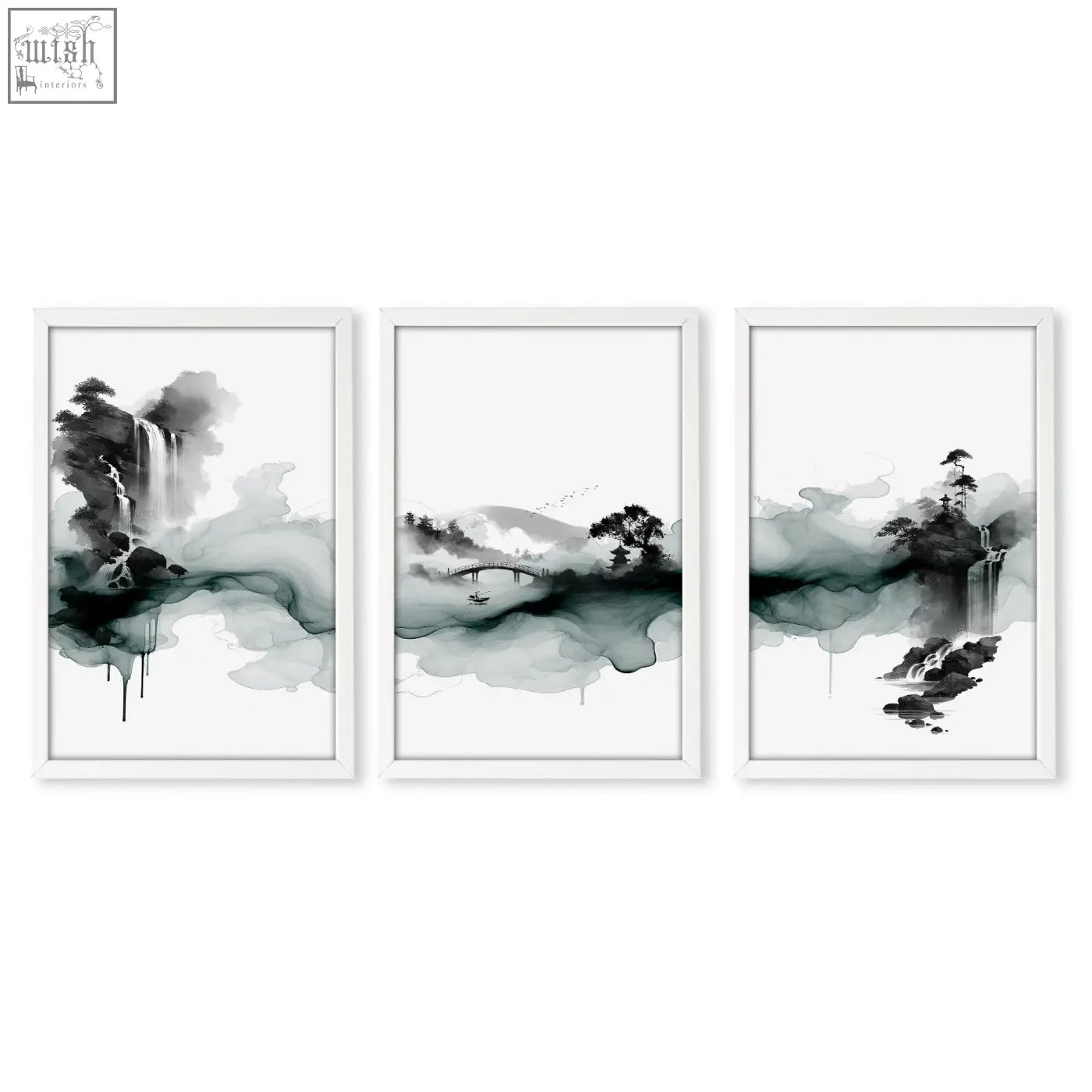 Set of three minimalist white-framed japanese wall hangings ink wash landscape prints with waterfall bridge and pagoda