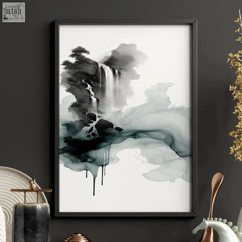 Black-framed japanese wall hangings ink wash landscape with waterfalls misty mountains in gray black and teal shades