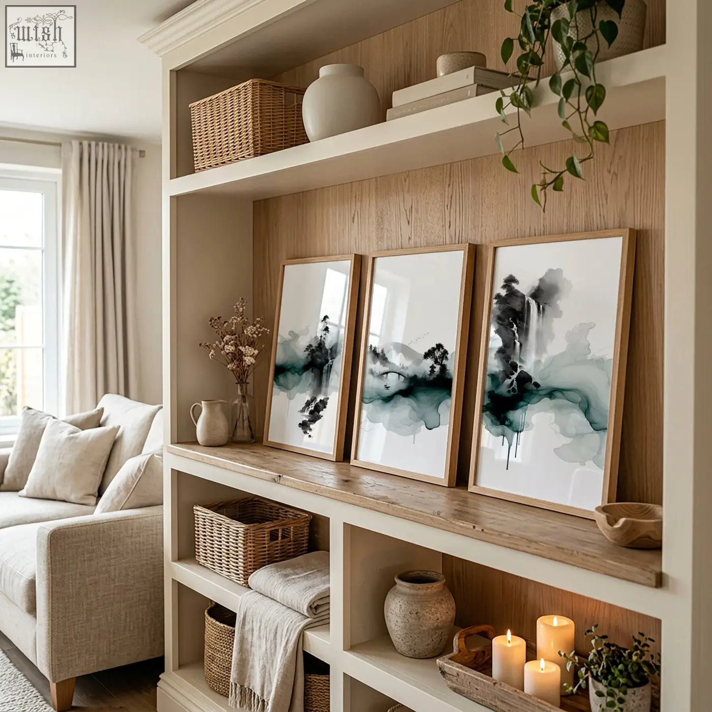 Three framed abstract japanese wall hangings with black teal and white ink wash landscape on wooden shelf