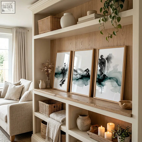 Three framed abstract japanese wall hangings with black teal and white ink wash landscape on wooden shelf