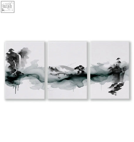 Set of three japanese wall hangings ink wash landscape paintings with misty mountains waterfall and bridge on canvas