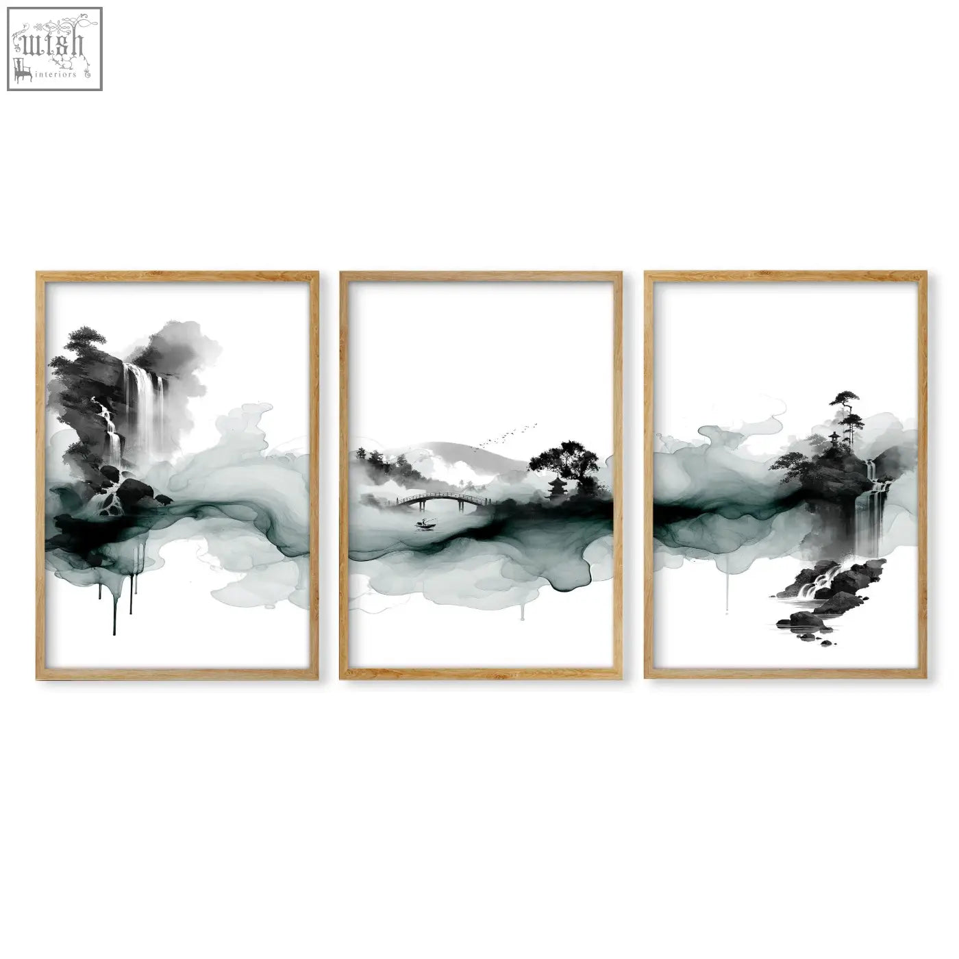 Set of three framed japanese wall hangings featuring black and white ink wash landscape with waterfall bridge and pagoda
