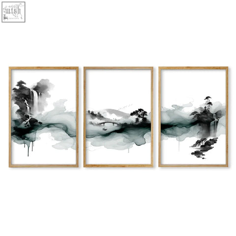 Set of three framed japanese wall hangings featuring black and white ink wash landscape with waterfall bridge and pagoda