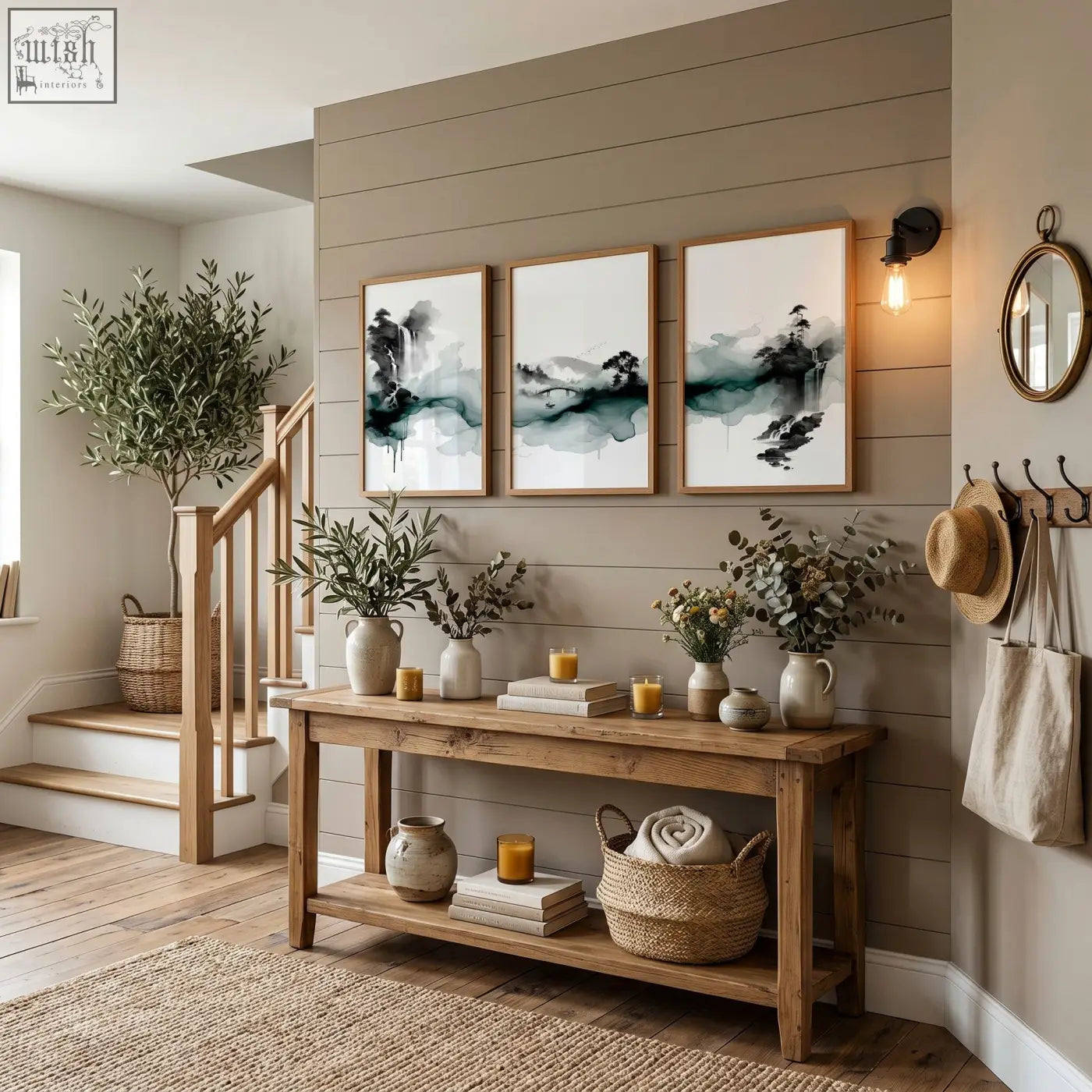 Set of three japanese wall hangings featuring teal and black ink wash landscape prints in light wood frames