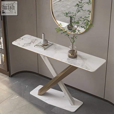 Modern white marble jarawa vintage console table with sleek gold x-shaped metal base perfect vintage console table