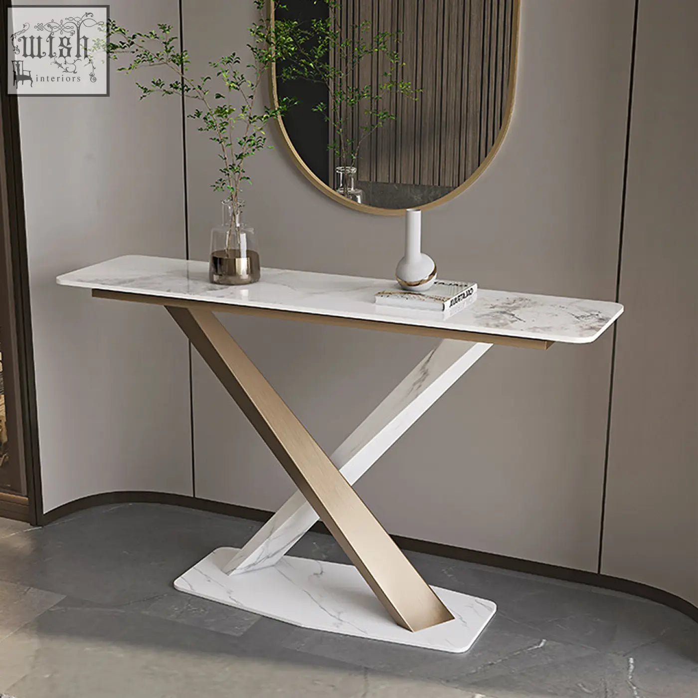 Modern white marble jarawa vintage console table with sleek x-shaped gold toned metal base perfect vintage console table