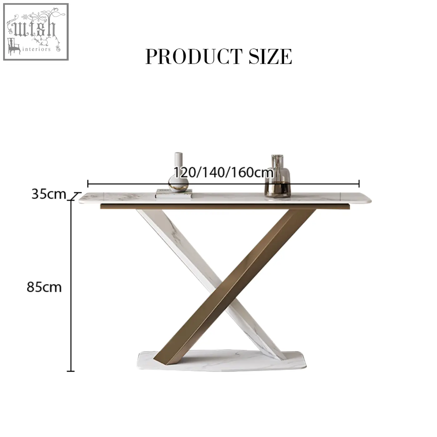 Jarawa vintage console table with x-shaped gold metal legs and white marble top for a modern vintage look