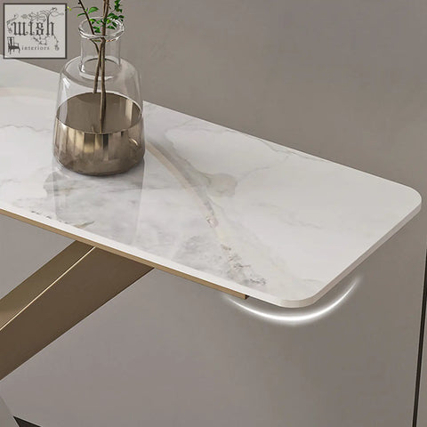 Jarawa vintage console table with sleek white marble top gold legs and subtle underlight perfect for stylish entryways