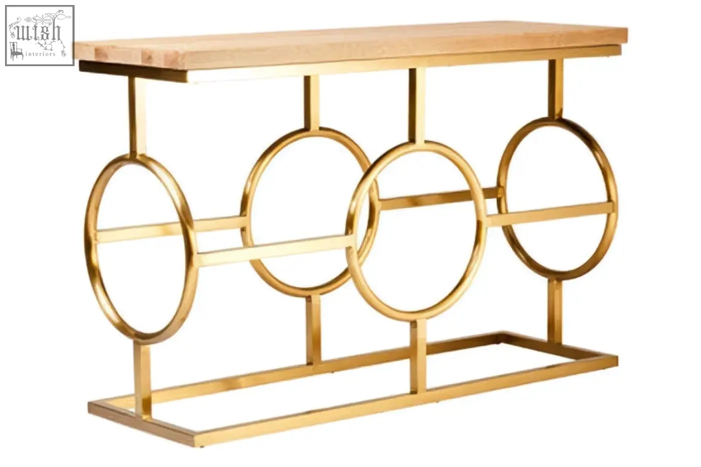 Gold-finished jarloi console table with light wood top and circular metal frame design for stylish entryways