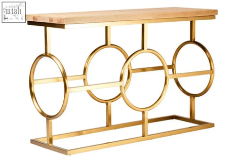 Gold-finished jarloi console table with light wood top and circular metal frame design for stylish entryways