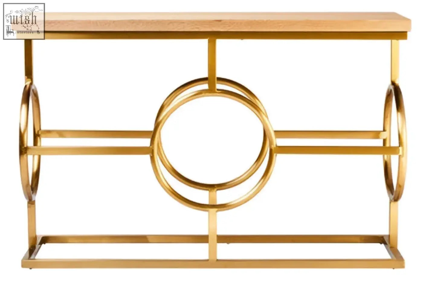 Gold finished jarloi console table with light wood top and circular metal frame design for stylish entryways