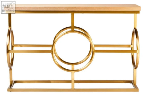 Gold finished jarloi console table with light wood top and circular metal frame design for stylish entryways