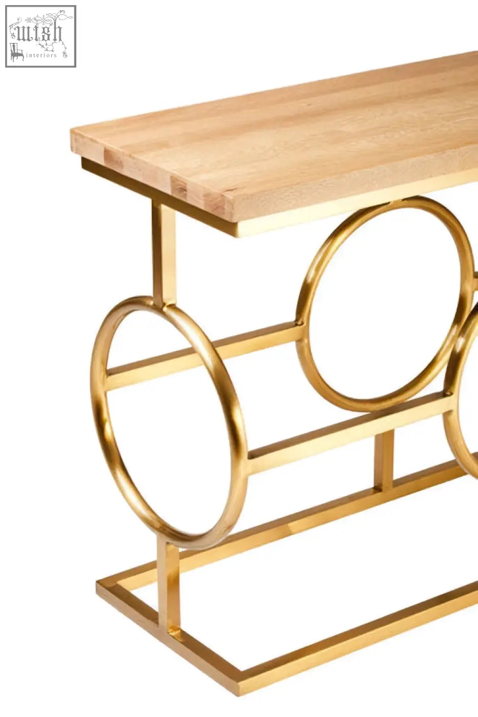 Gold finished metal jarloi console table with light wood top and circular ring accents for stylish entryway decor