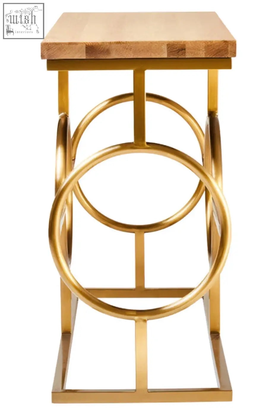 Gold metal stool with light wood top and circular ring design featured with jarloi console table style